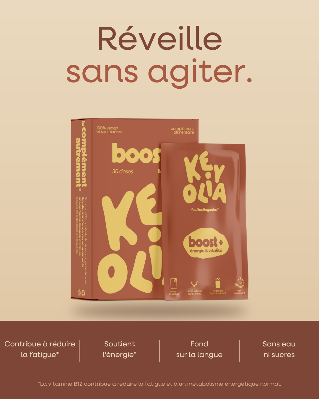 Boîte et sachet Boost+ KEYOLIA, feuille linguale® énergie et vitalité : sans eau ni sucres, fond sur la langue