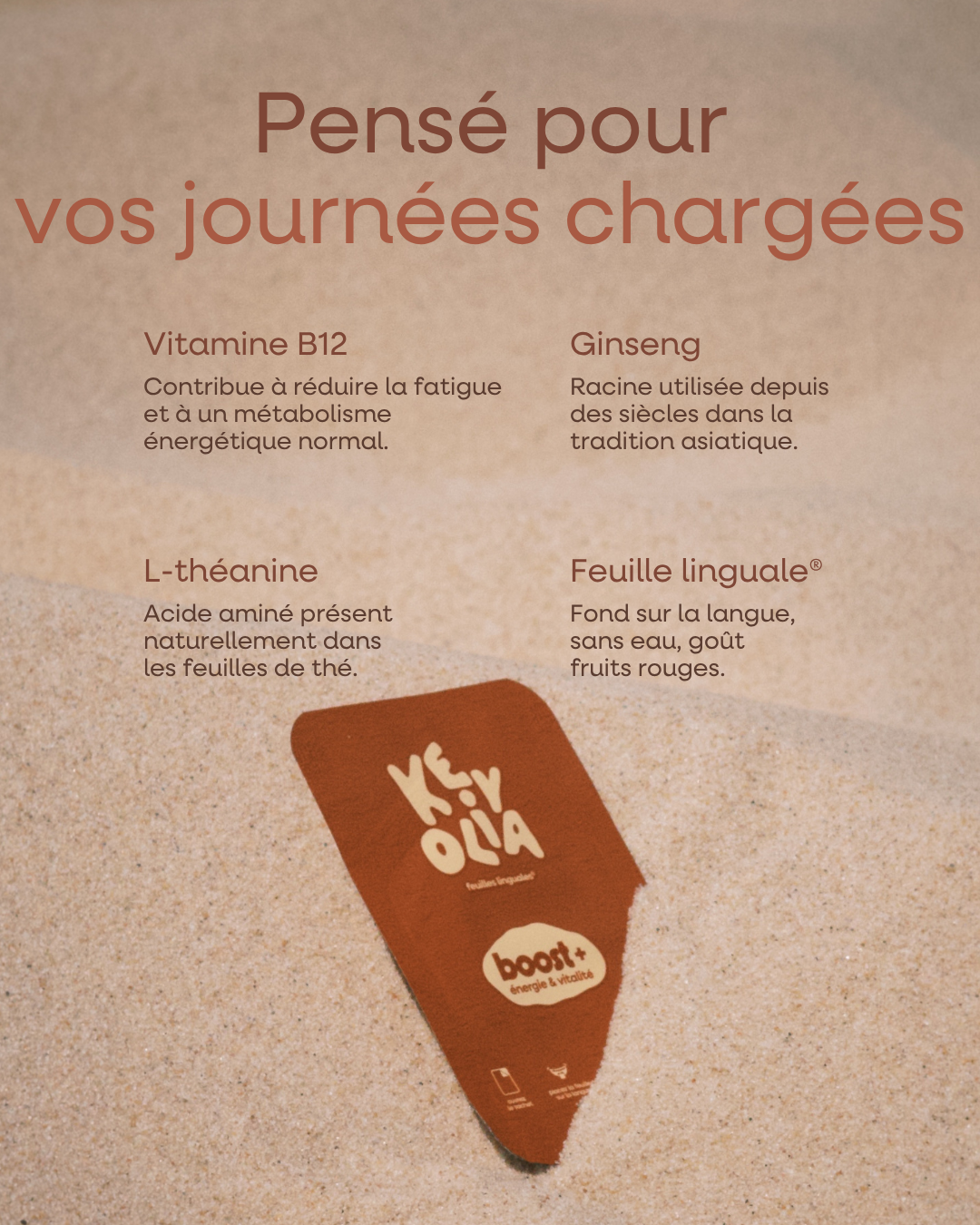 Sachet Boost+ KEYOLIA et ses actifs : vitamine B12, ginseng, L-théanine, feuille linguale® goût fruits rouges